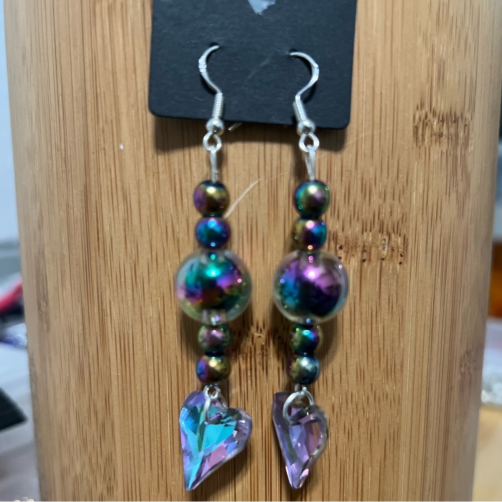 Irregular Multicolor Beaded Heart Drop Earrings - Unbranded